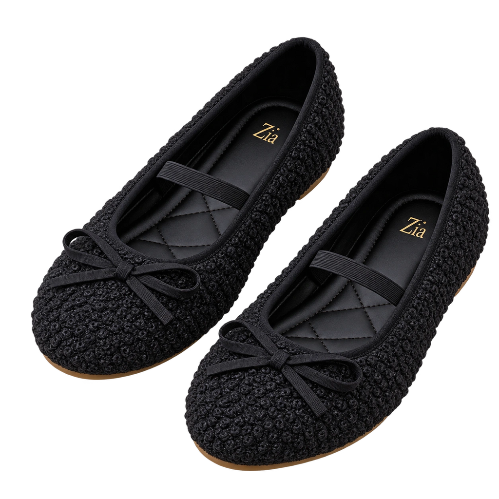 Bouclé Bow Ballet Flats, matching left and right pair in Black