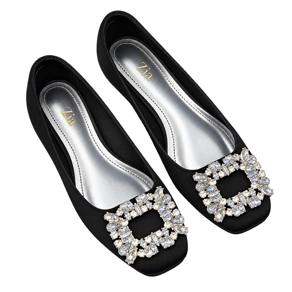 Crystal Buckle Ballet Flats, matching left and right pair in Black
