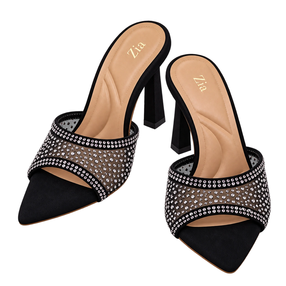 Crystal Pointed Mules, matching left and right pair in Black