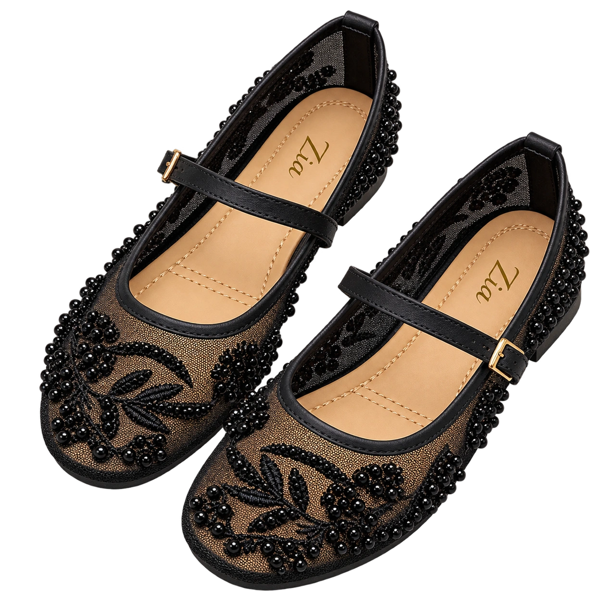 Pearl Floral Mary Janes, matching left and right pair in Black