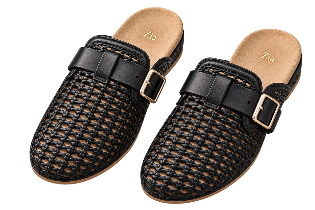 Woven Buckle Mules, matching left and right pair in Black