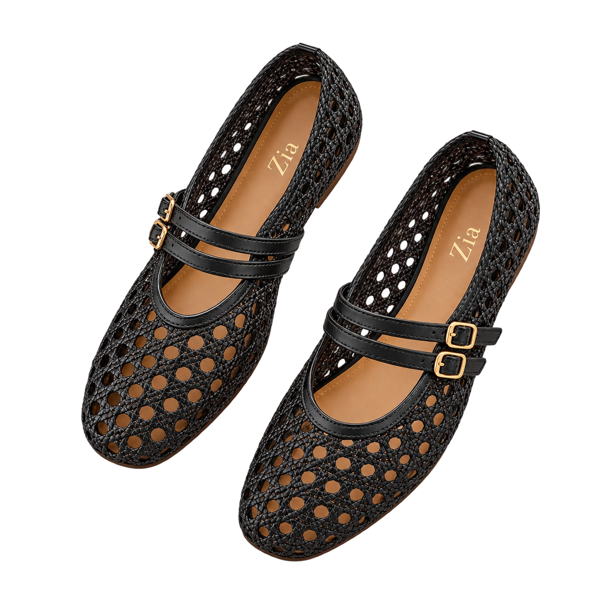 Double-Strap Woven Mary Janes, matching left and right pair in Black