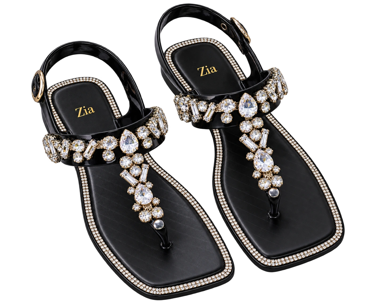 Jewel T-Bar Sandals, matching left and right pair in Black