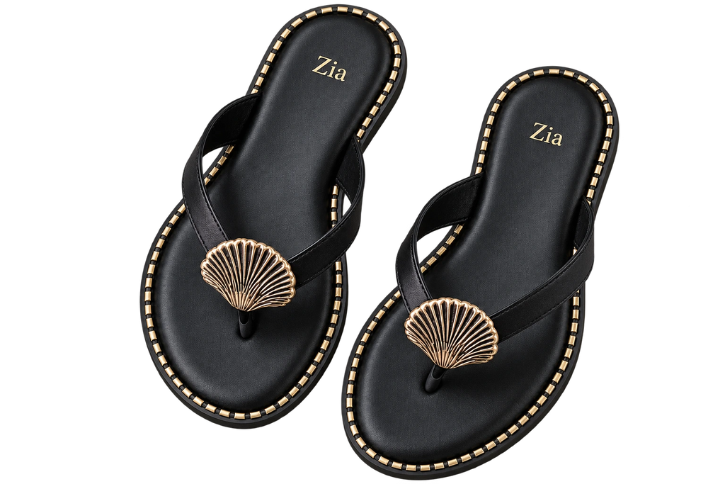 Shell Detail Thong Sandals, matching left and right pair in Black