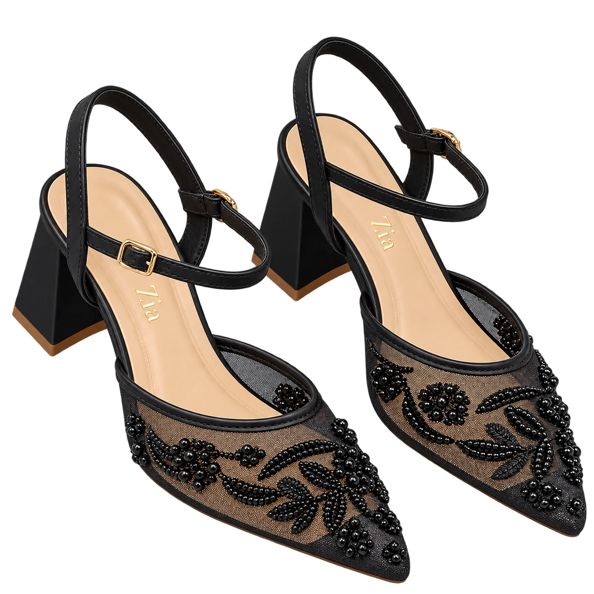Pearl Floral Ankle-Strap Heels, matching left and right pair in Black