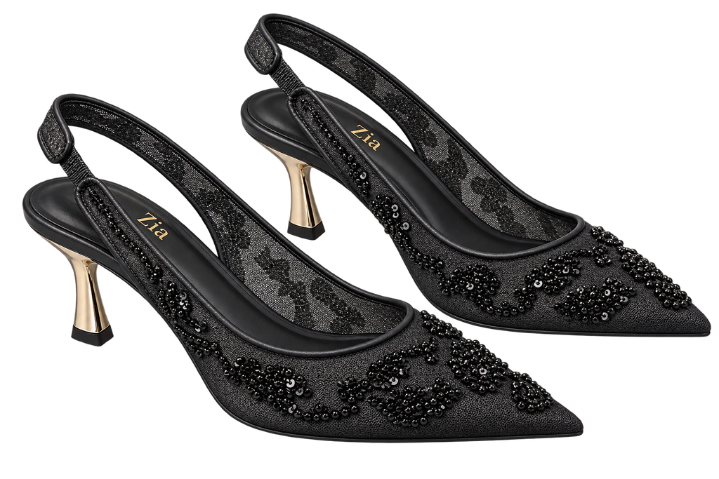 Floral Slingback Heels, matching left and right pair in Black