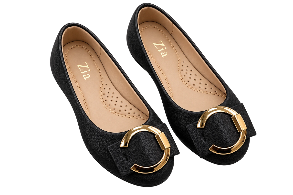 Gold Ring Ballet Flats, matching left and right pair in Black