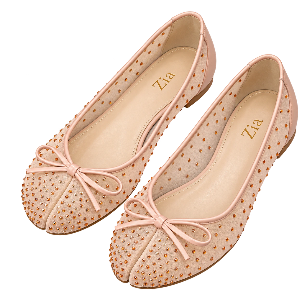 Crystal Bow Ballet Flats, matching left and right pair in Blush Nude