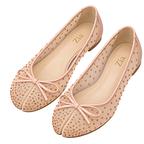 Crystal Bow Ballet Flats, matching left and right pair in Blush Nude
