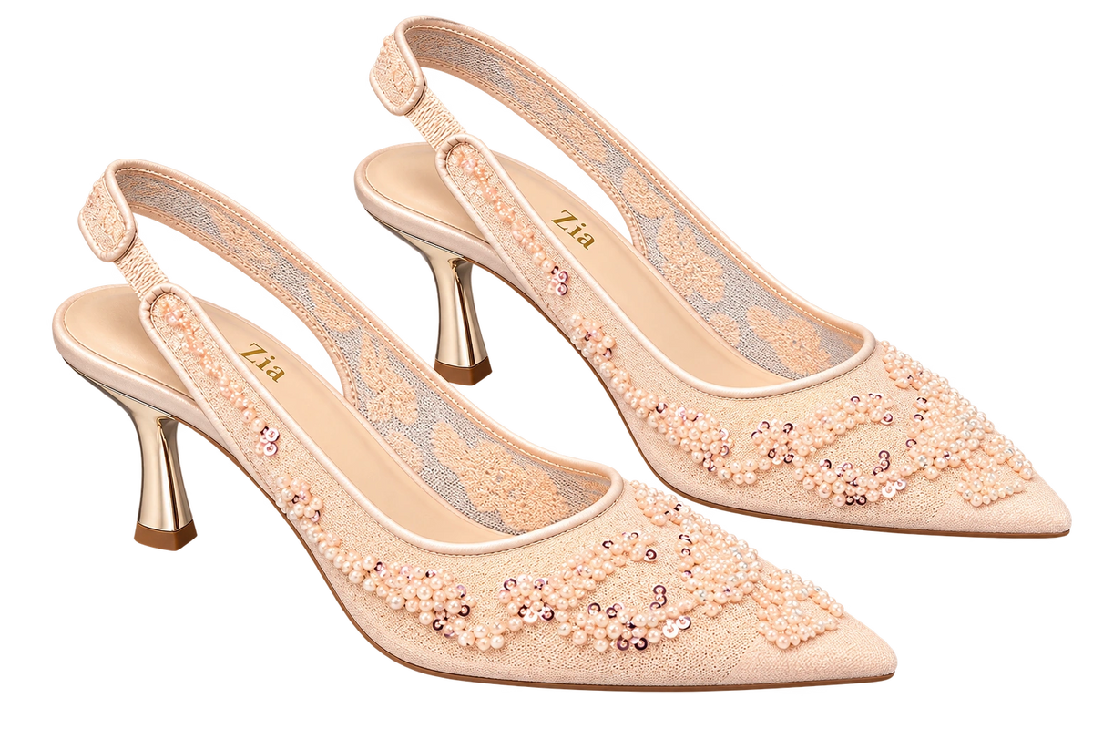 Floral Slingback Heels, matching left and right pair in Blush