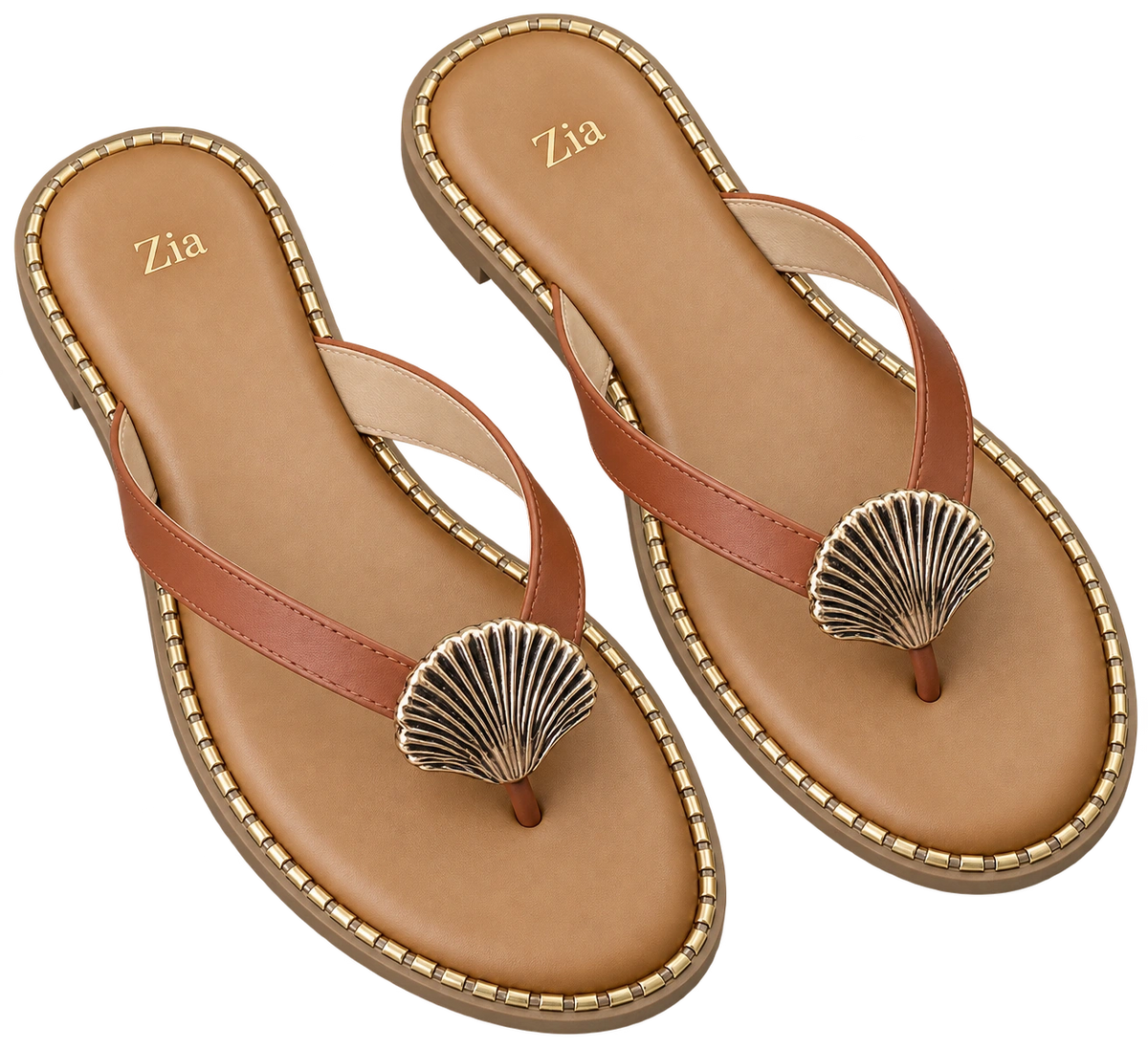 Shell Detail Thong Sandals, matching left and right pair in Bronze / Tan