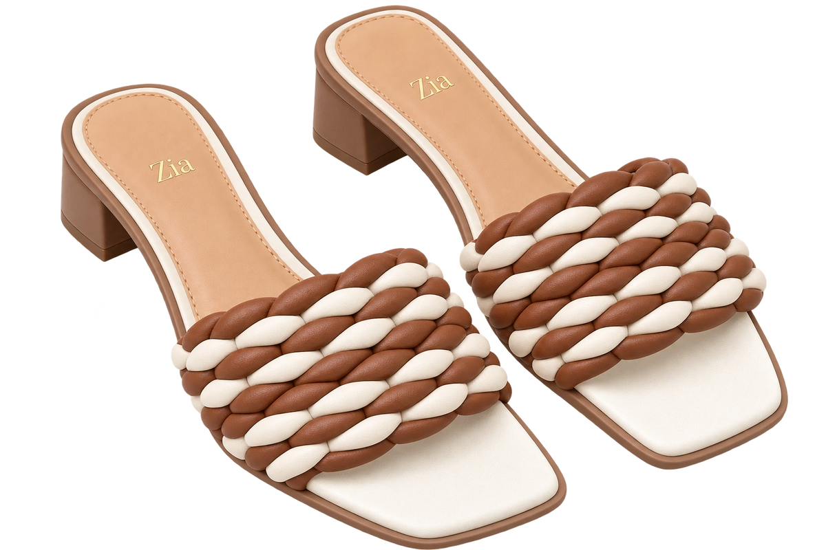 Braided Block-Heel Mules, matching left and right pair in Brown / White