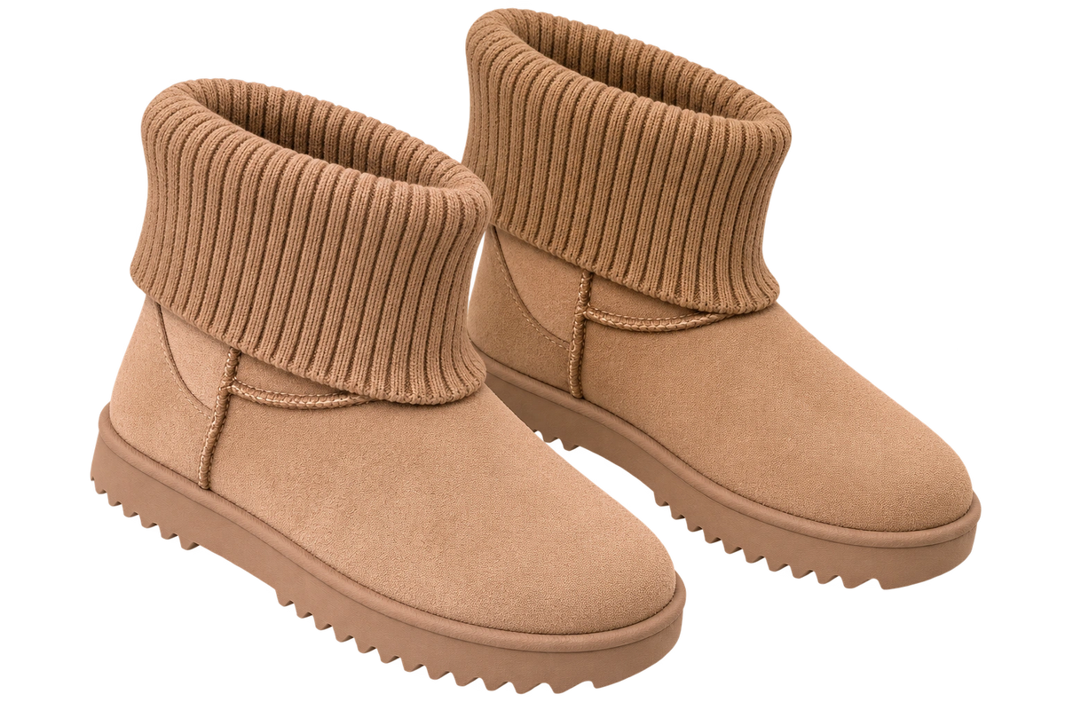 Knit Cuff Ankle Boots, matching left and right pair in Camel