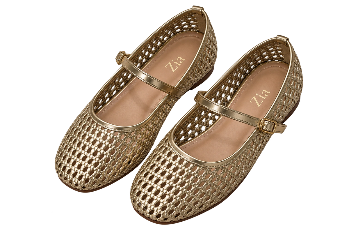 Woven Mary Janes, matching left and right pair in Champagne Gold