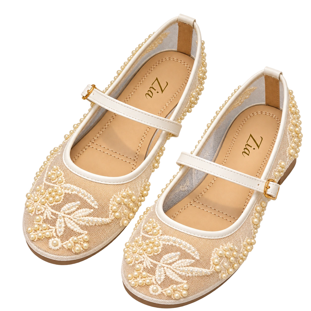 Pearl Floral Mary Janes, matching left and right pair in Champagne