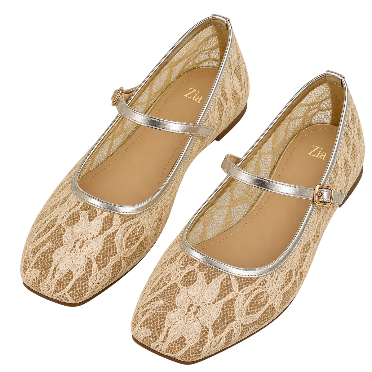 Floral Lace Mary Janes, matching left and right pair in Champagne