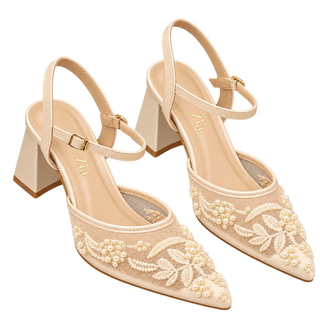 Pearl Floral Ankle-Strap Heels, matching left and right pair in Champagne