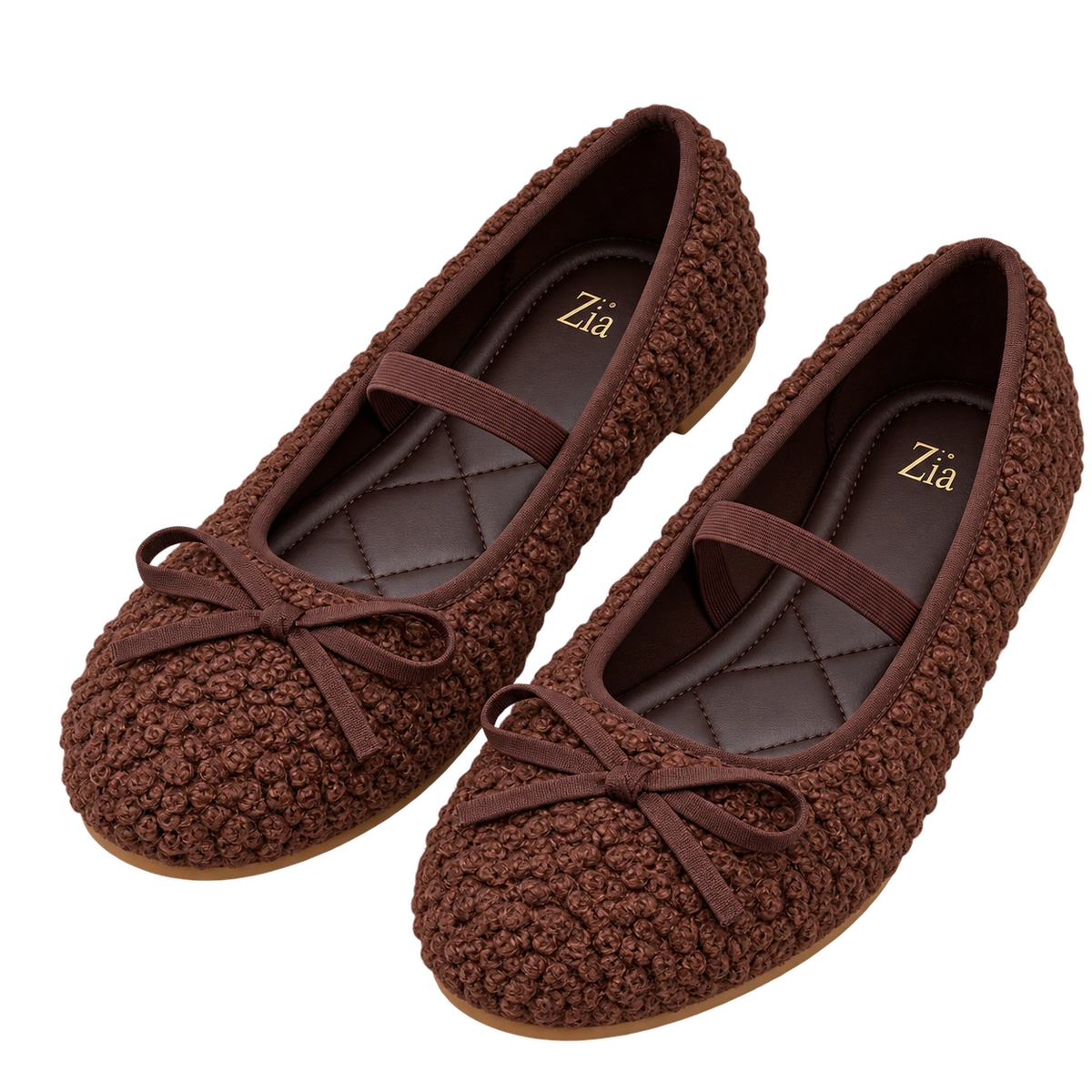 Bouclé Bow Ballet Flats, matching left and right pair in Chocolate