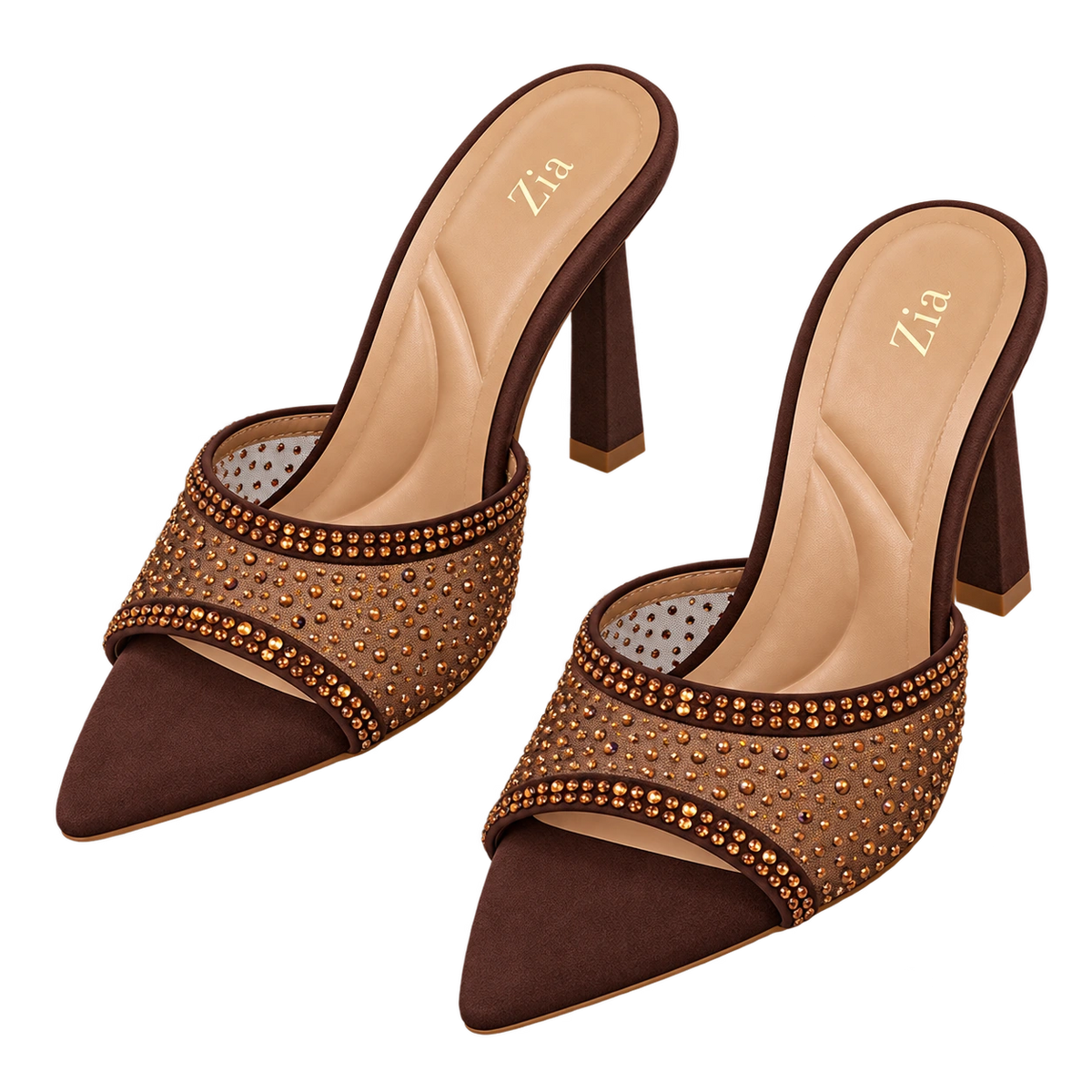 Crystal Pointed Mules, matching left and right pair in Chocolate