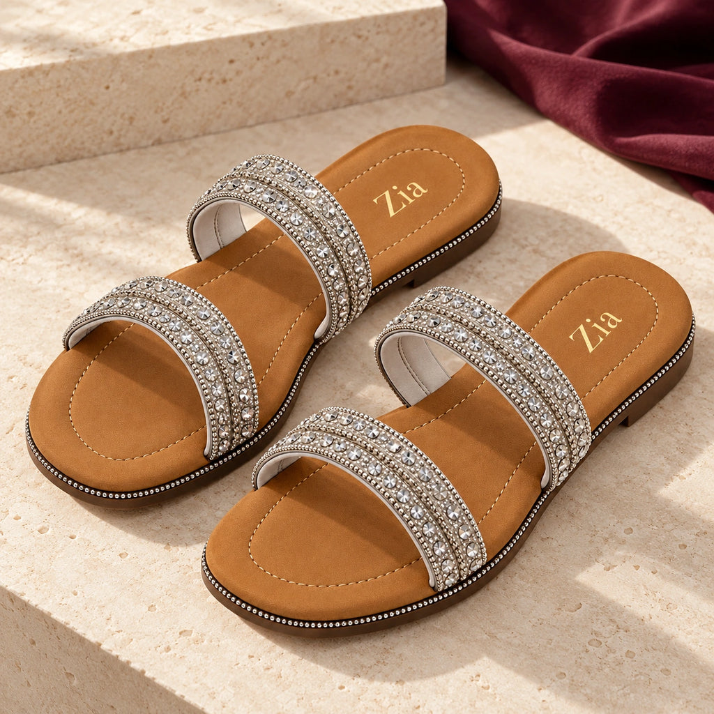 Crystal Double-Strap Slides, editorial pair view