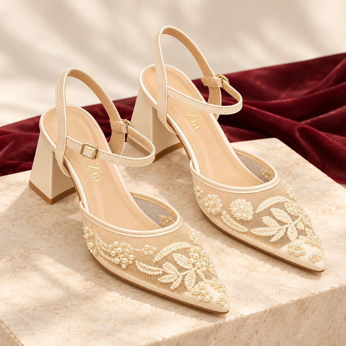 Pearl Floral Ankle-Strap Heels, editorial pair view