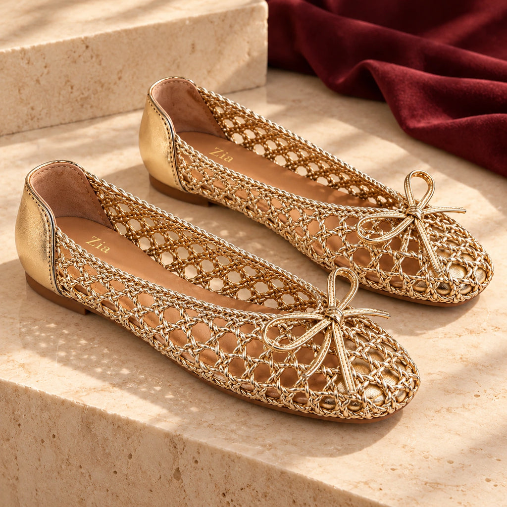 Metallic Bow Woven Flats, editorial pair view