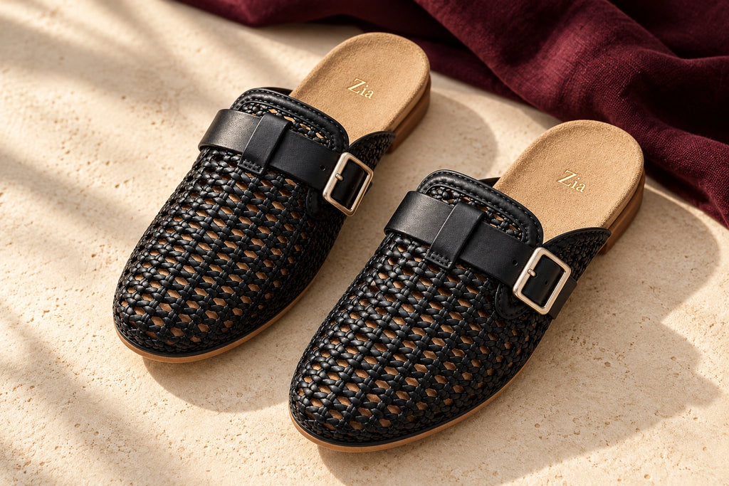 Woven Buckle Mules, editorial pair view