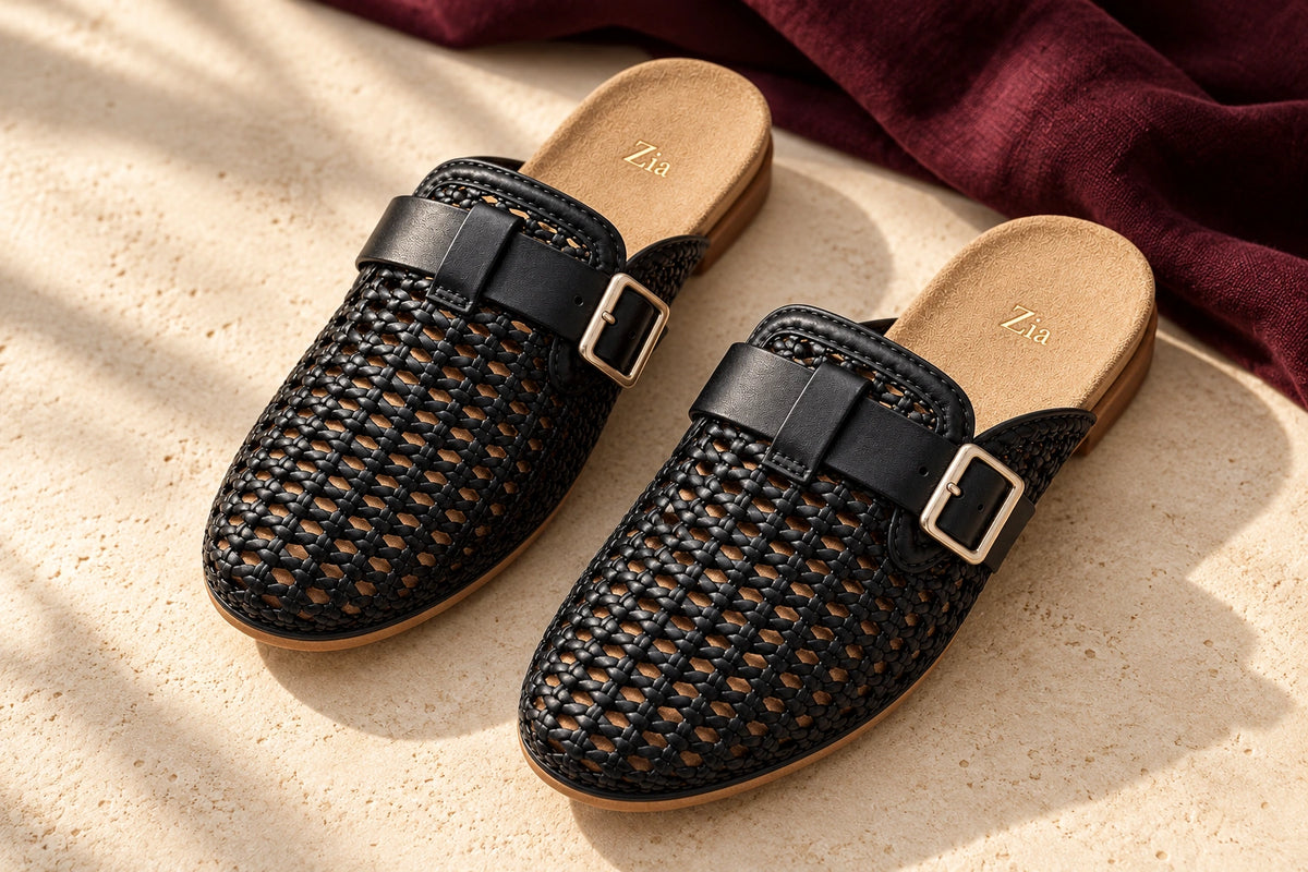Woven Buckle Mules, editorial pair view