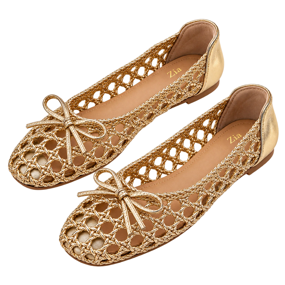 Metallic Bow Woven Flats, matching left and right pair in Gold