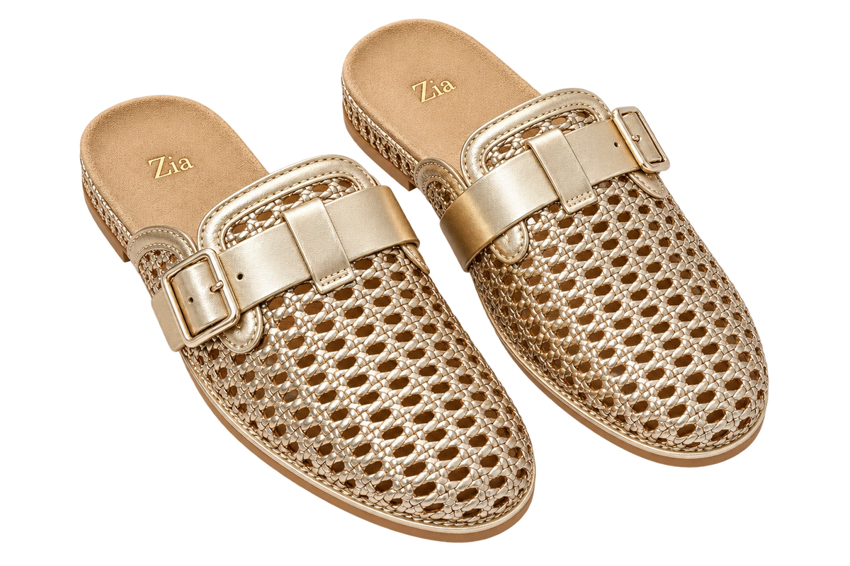Woven Buckle Mules, matching left and right pair in Gold