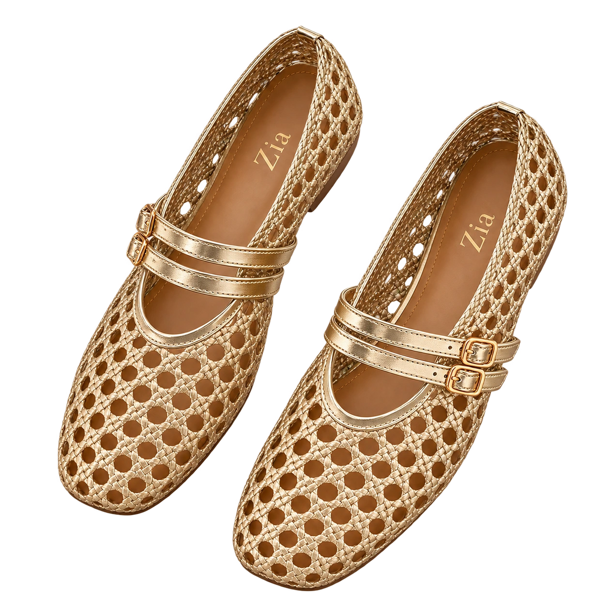 Double-Strap Woven Mary Janes, matching left and right pair in Gold