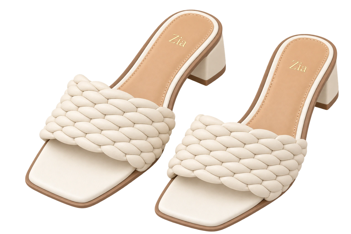 Braided Block-Heel Mules, matching left and right pair in Ivory