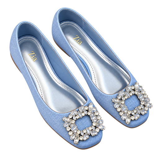 Crystal Buckle Ballet Flats, matching left and right pair in Metallic Ice Blue