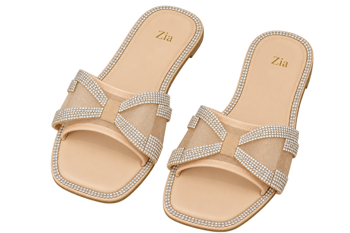 Crystal Strap Slides, matching left and right pair in Nude