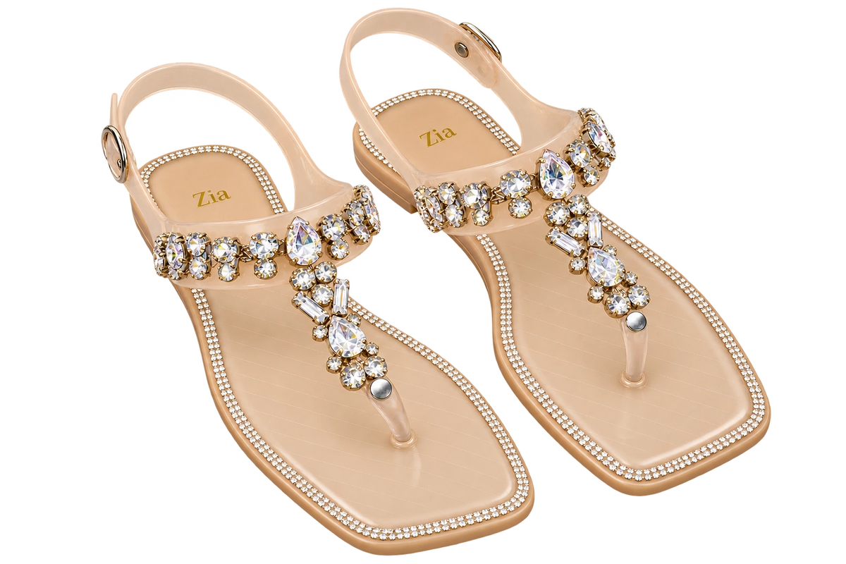 Jewel T-Bar Sandals, matching left and right pair in Nude