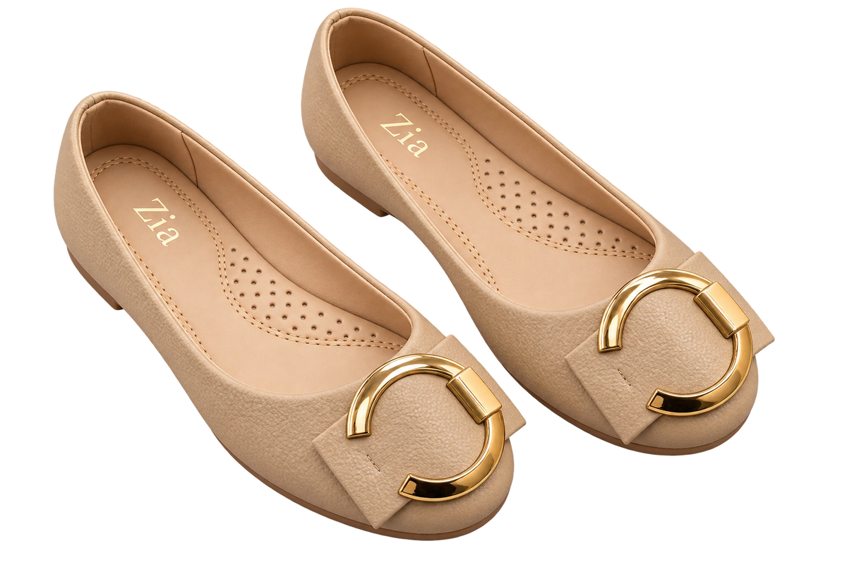 Gold Ring Ballet Flats, matching left and right pair in Nude
