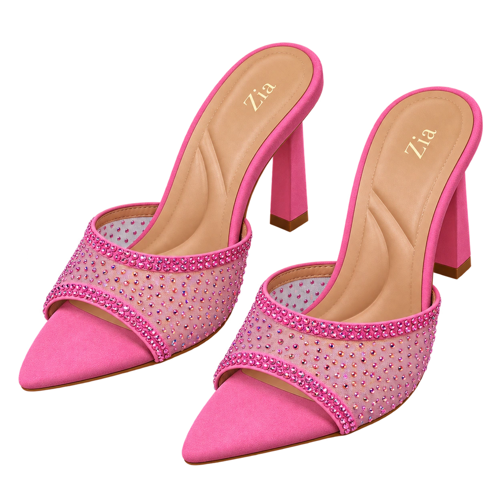 Crystal Pointed Mules, matching left and right pair in Pink