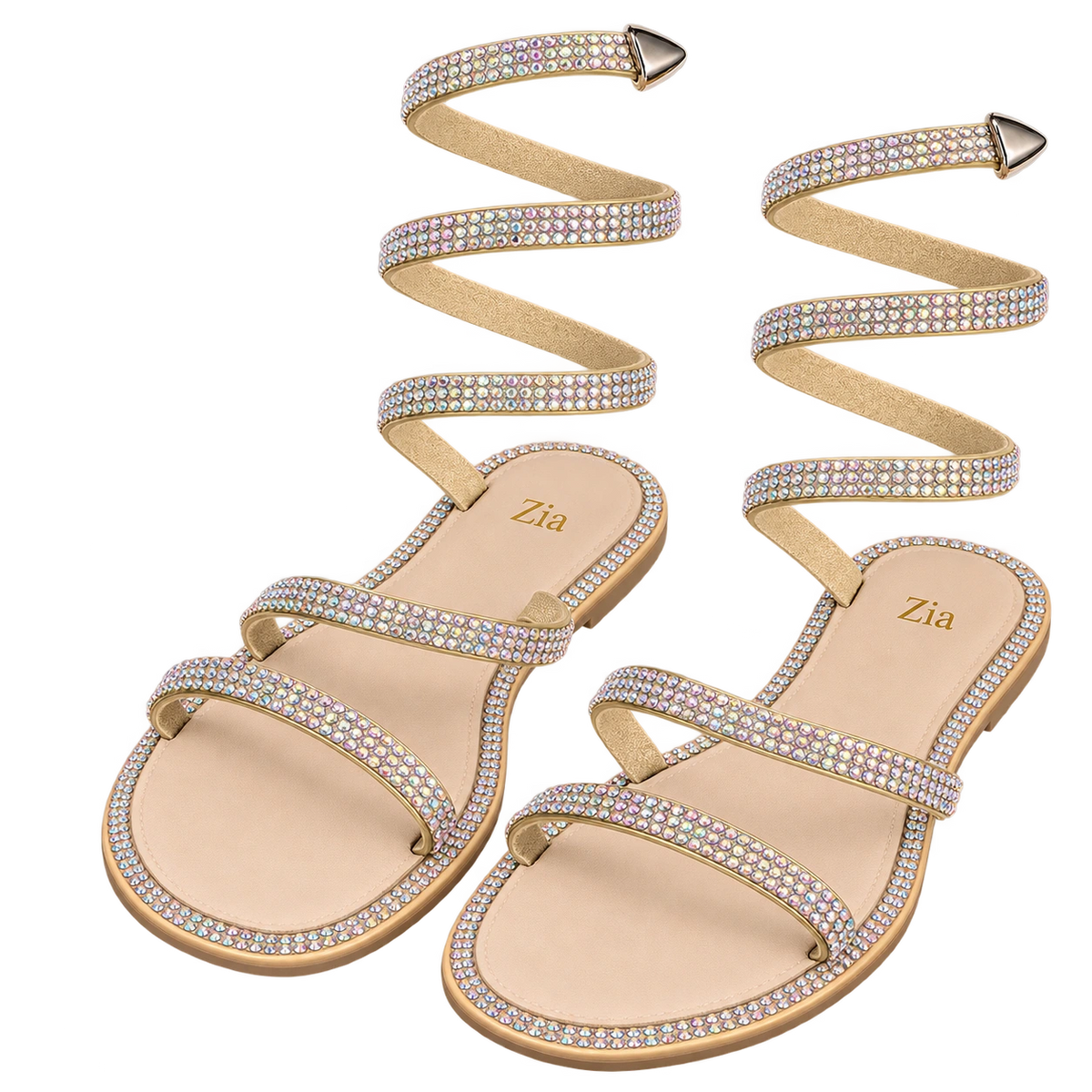 Crystal Coil Sandals, matching left and right pair in Silver / Nude