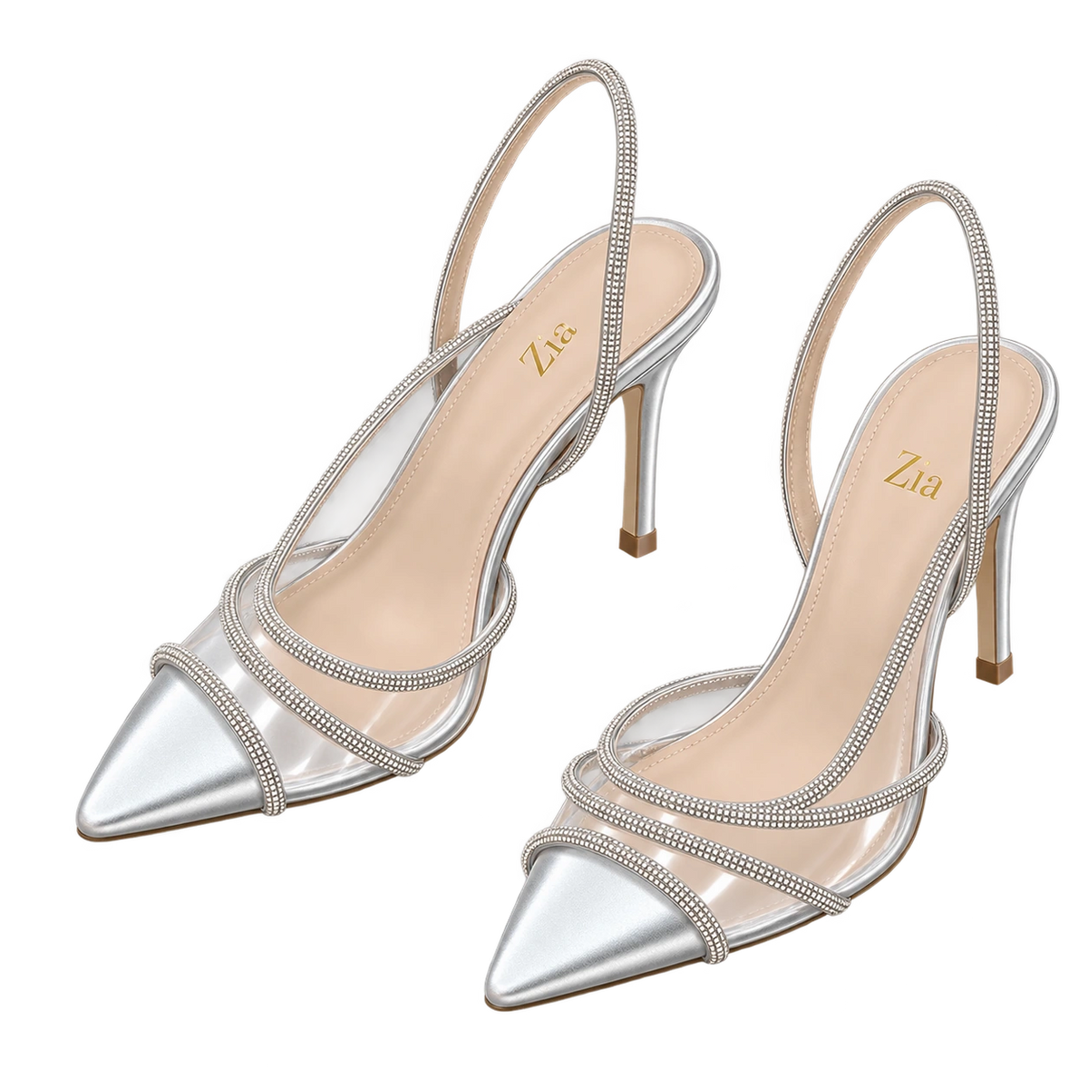 Crystal Slingback Heels, matching left and right pair in Silver