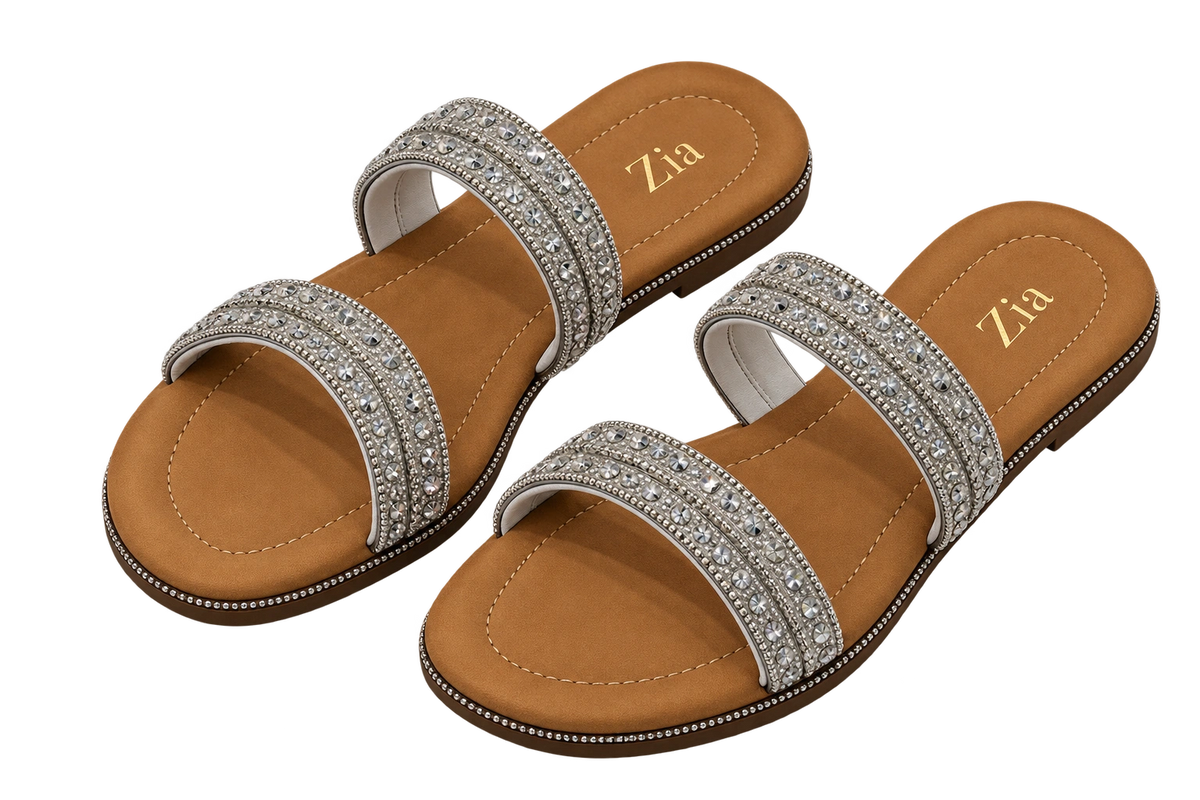Crystal Double-Strap Slides, matching left and right pair in Silver / Tan