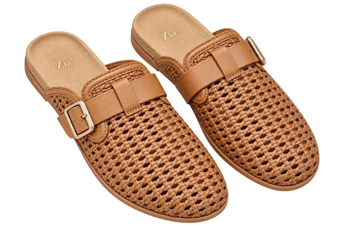 Woven Buckle Mules, matching left and right pair in Tan