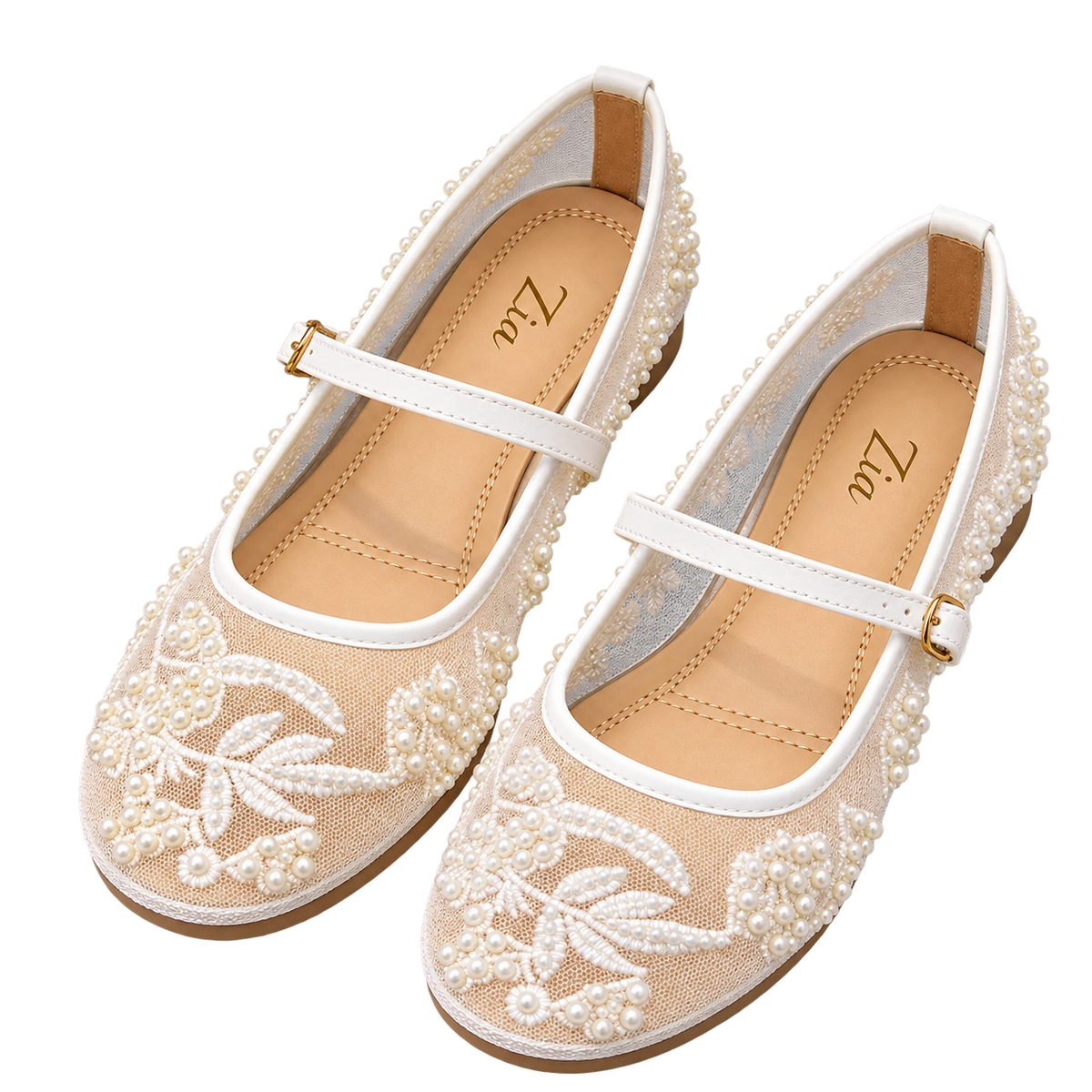 Pearl Floral Mary Janes, matching left and right pair in White