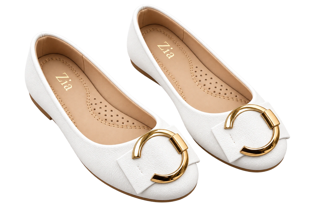 Gold Ring Ballet Flats, matching left and right pair in White