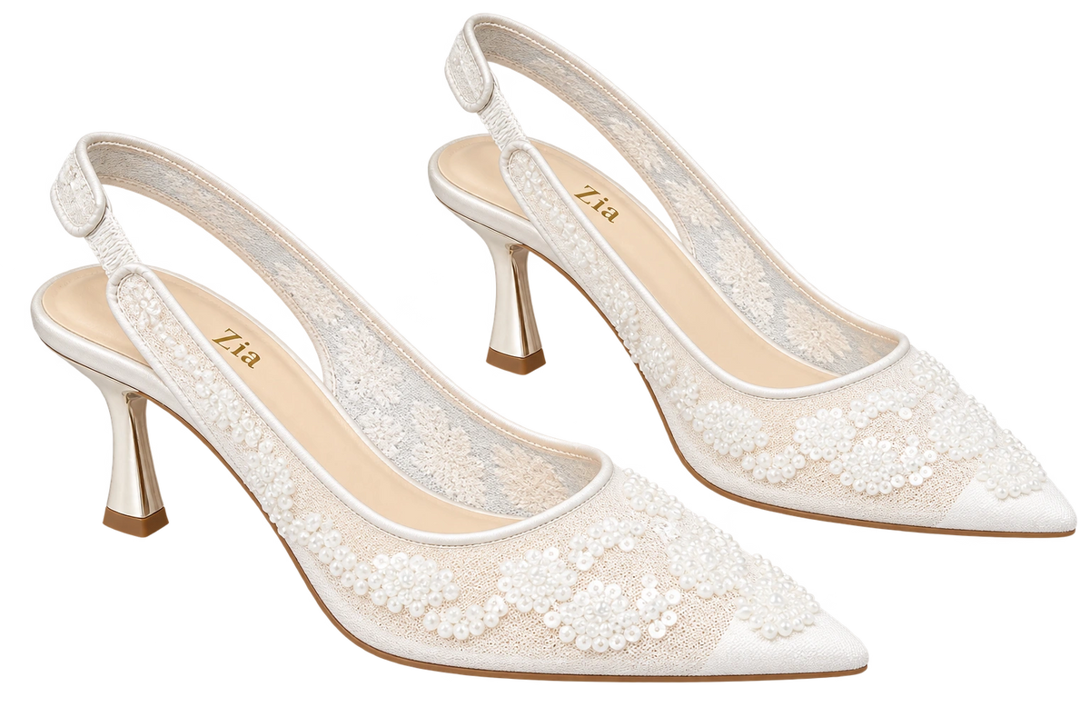Floral Slingback Heels, matching left and right pair in White