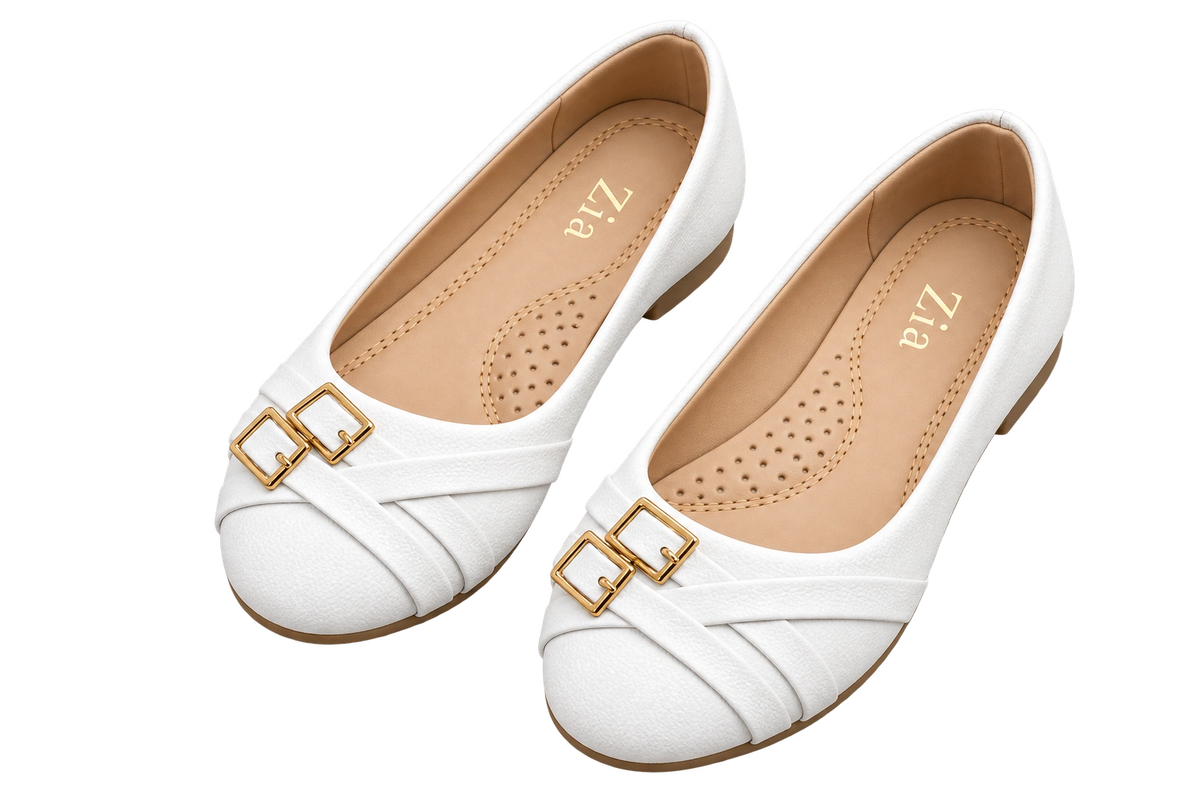 Cross-Strap Buckle Ballet Flats, matching left and right pair in White