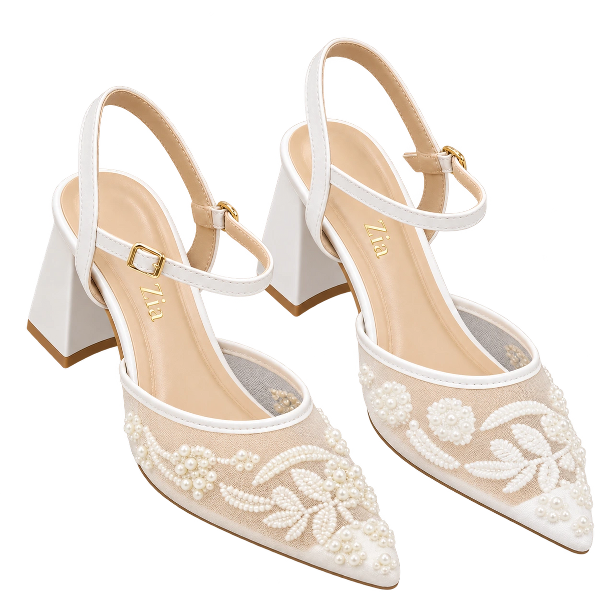 Pearl Floral Ankle-Strap Heels, matching left and right pair in White