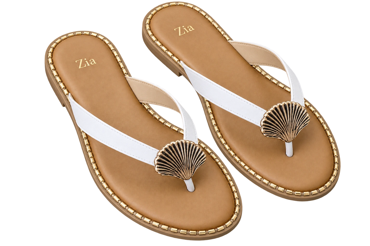 Shell Detail Thong Sandals, matching left and right pair in White / Tan